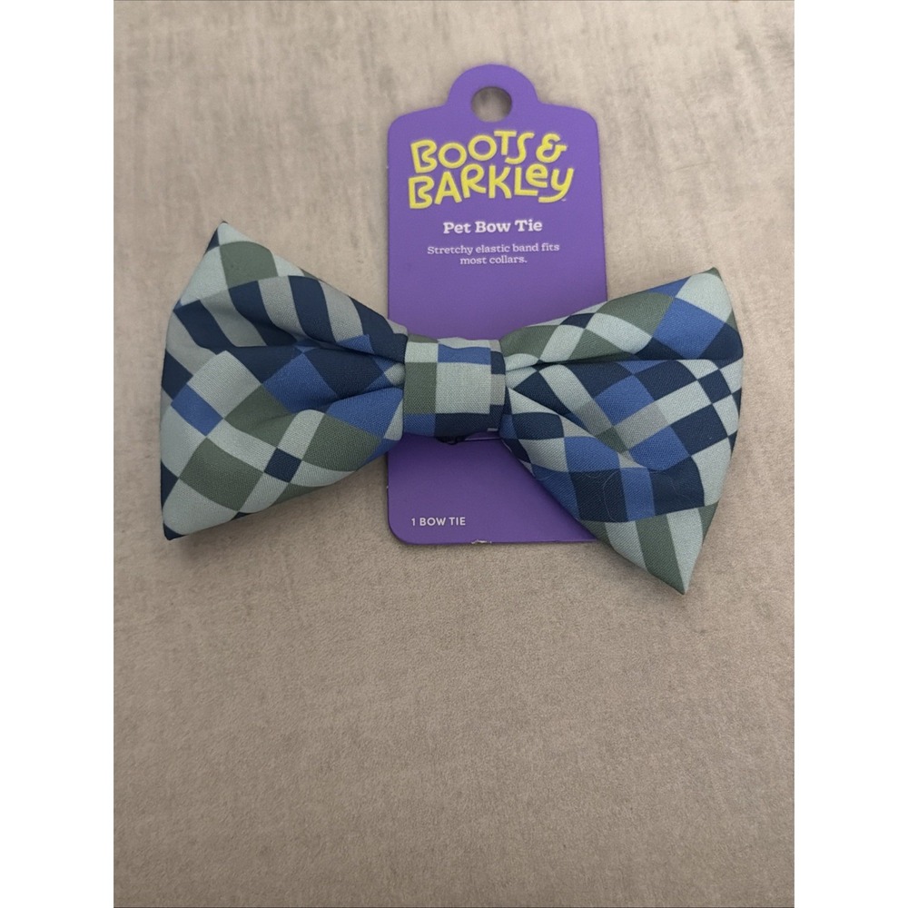 Boots & Barkley Dog Bow Tie Green Blue Plaid Collar Slide One Size New